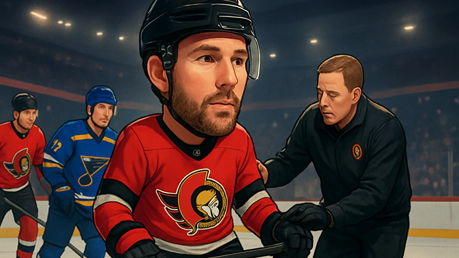 Illustration for: Senators' Ridly Greig Exits Loss to Blues With Strain