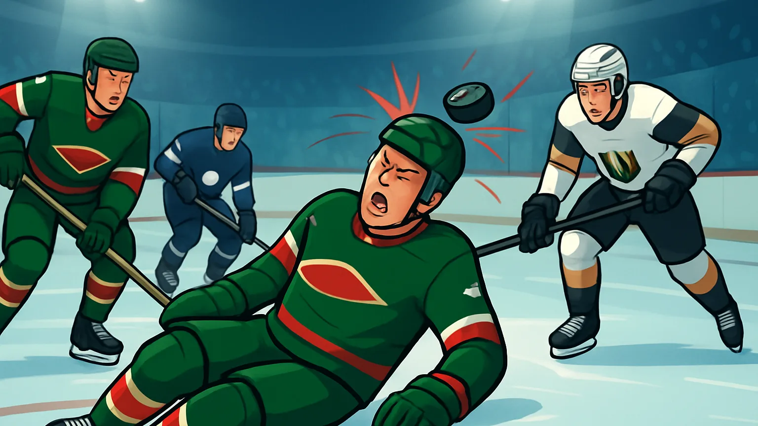 Illustration for: Wild's Sturm hospitalized for precautionary exam after puck strikes helmet