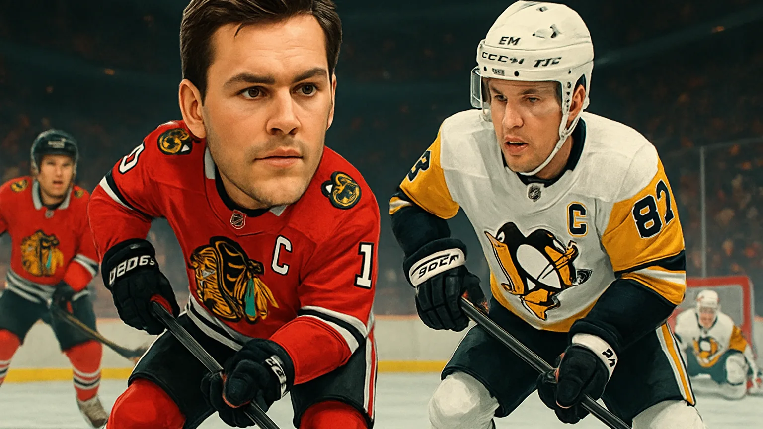 Illustration for: Bedard returns with assist as Blackhawks beat Penguins 5-3