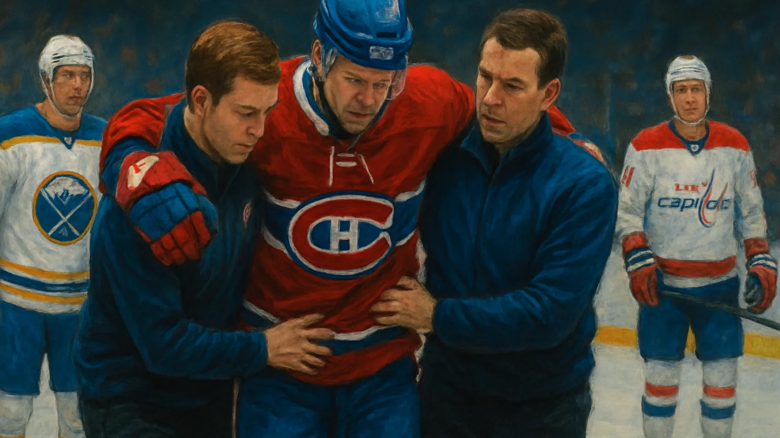 Illustration for: Canadiens' Matheson out vs. Sabres with lower-body injury, Beck to make season debut