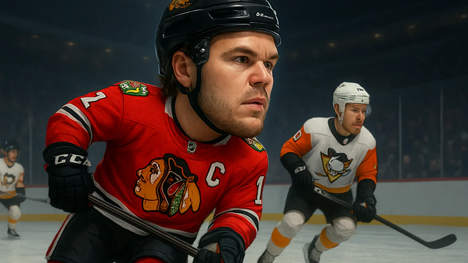 Illustration for: Bedard returns early to captain Blackhawks; Flyers still winless